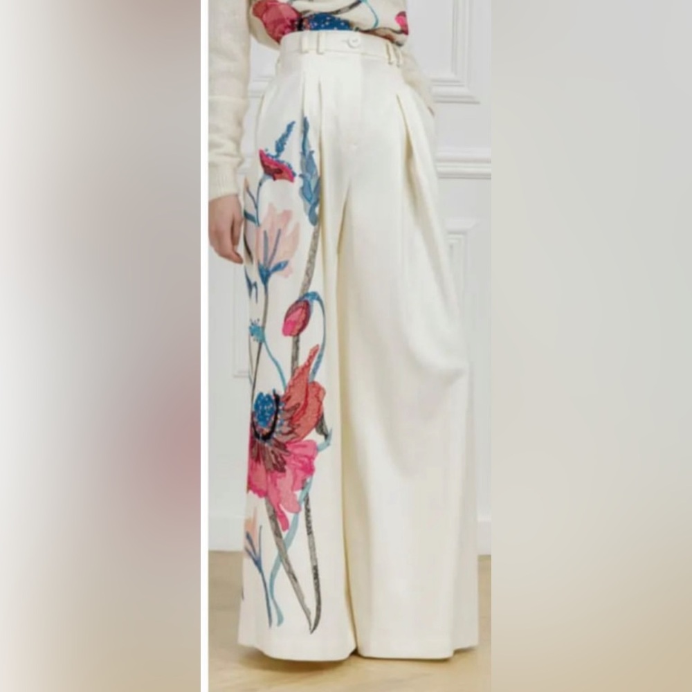 Floral Embroidered Wide-Leg Pants silky